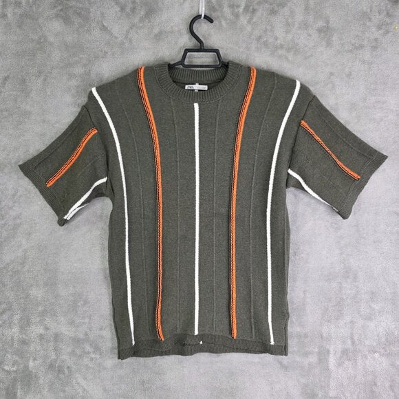 Mens Zara Green Knit Sweater Orange & White Stripes Short Sleeve Size M - Picture 2 of 8